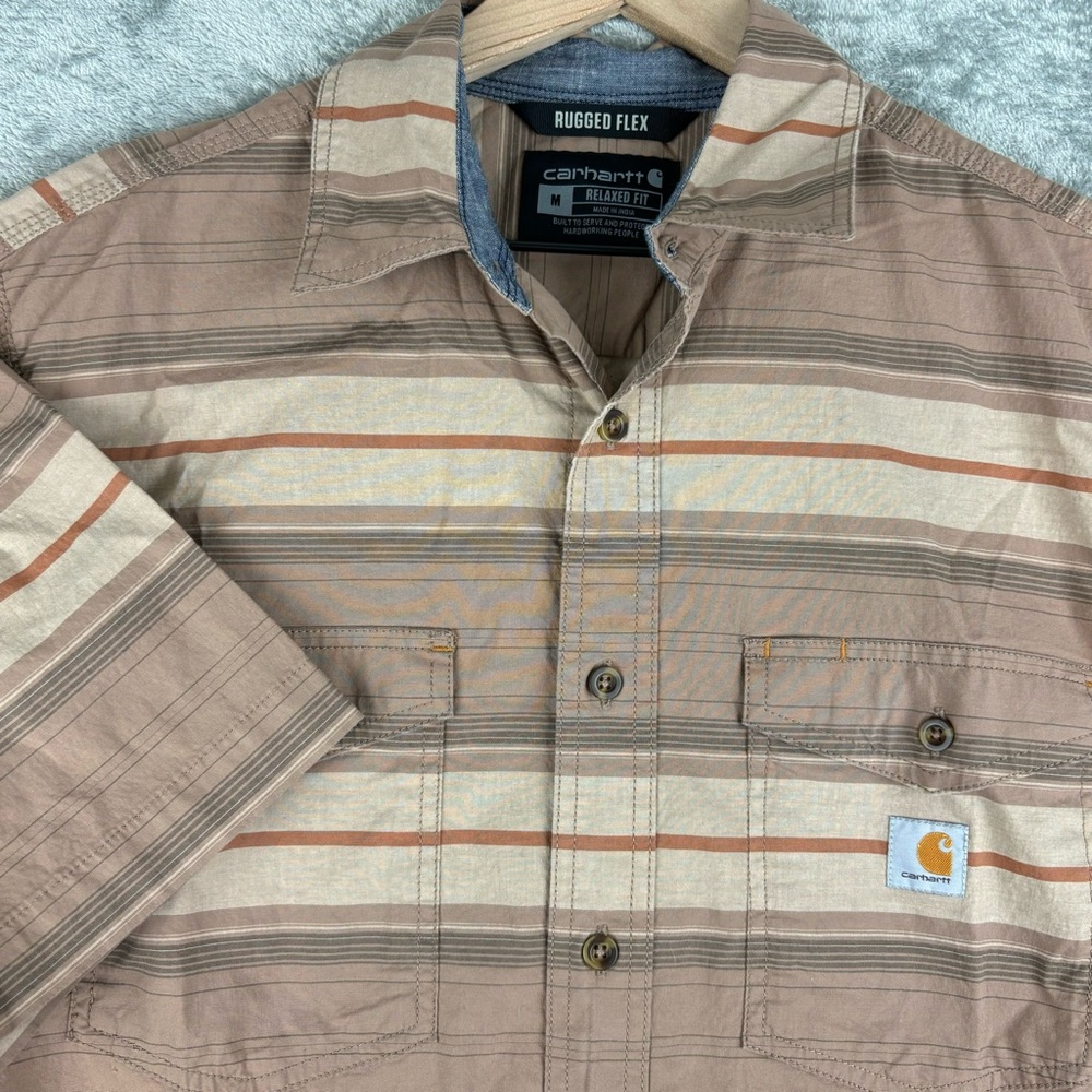 Carhartt Shirt Rugged Flex Relaxed Fit Mens Medium Brown Striped‎ Outdoor